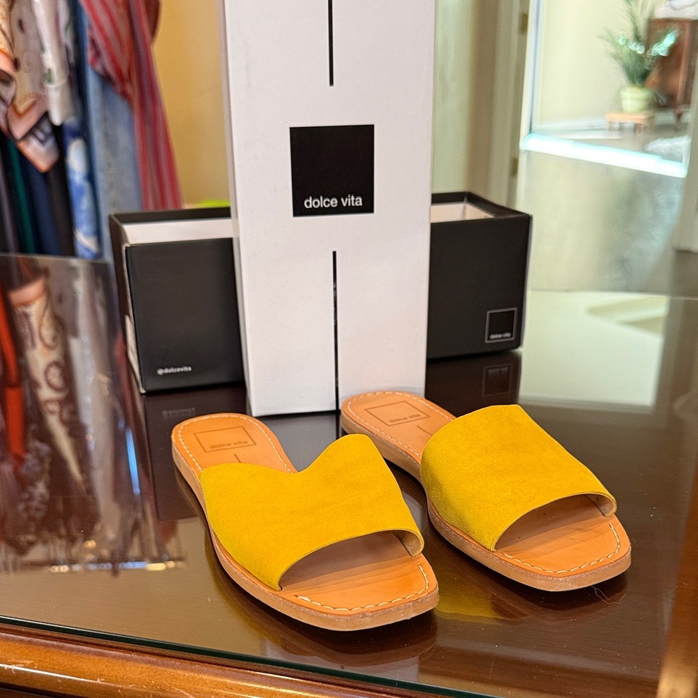 Dolce Vita Mustard Suede Open-Toe Slide Sandals